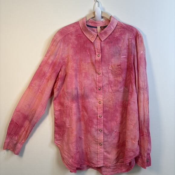 Pilcro Tops - Anthropologie Pilcro Embroidered Tonal Pink Tie Dye Button Up S Boho Cottagecore
